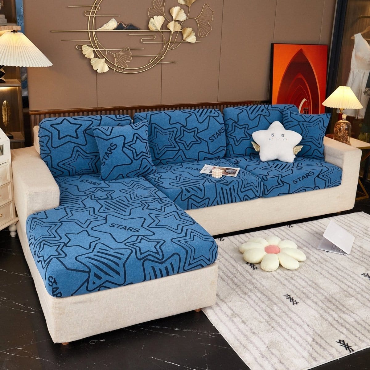 Bleu - Housse polaire pour Coussin d'assise et dossier de Canapé - Motif Star La Maison des Housses