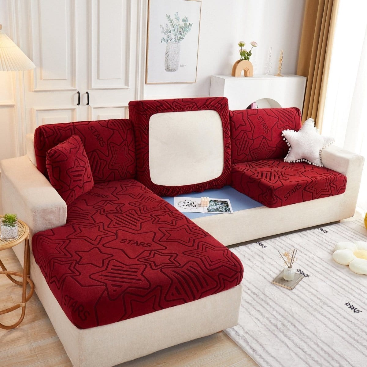 Bordeau - Housse polaire pour Coussin d'assise et dossier de Canapé - Motif Star La Maison des Housses