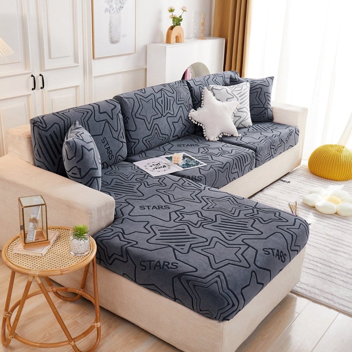 Gris - Housse polaire pour Coussin d'assise et dossier de Canapé - Motif Star La Maison des Housses