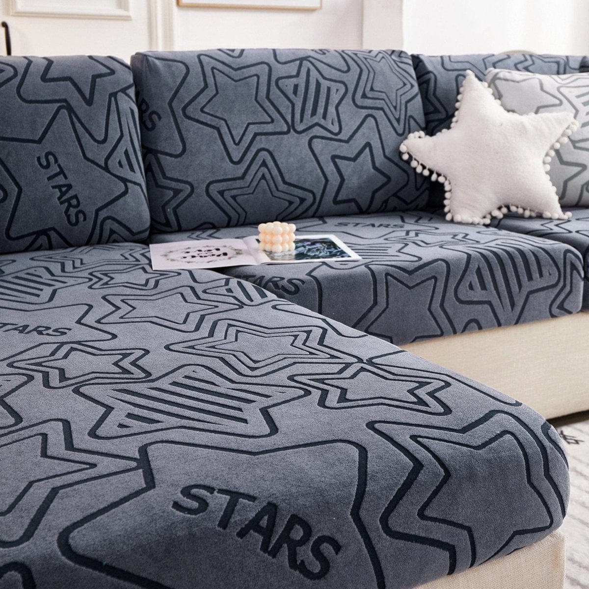 Gris - Housse polaire pour Coussin d'assise et dossier de Canapé - Motif Star La Maison des Housses