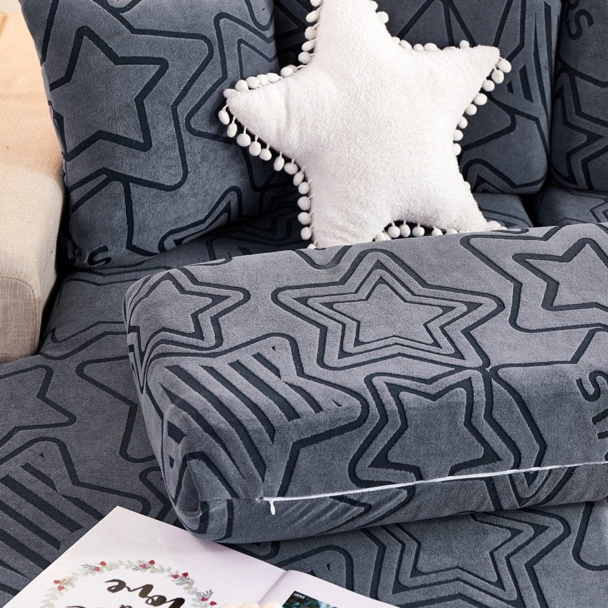 Gris - Housse polaire pour Coussin d'assise et dossier de Canapé - Motif Star La Maison des Housses
