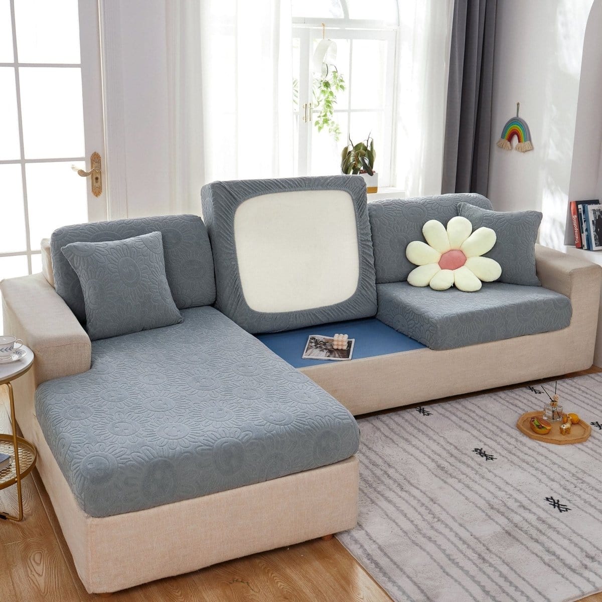 Gris - Housse polaire pour Coussin d'assise et dossier de Canapé - Motif Sun flower La Maison des Housses
