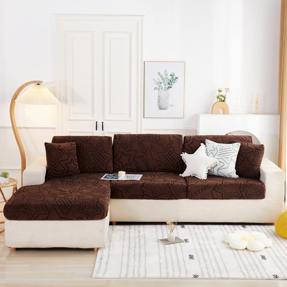 Marron - Housse polaire pour Coussin d'assise et dossier de Canapé - Motif Star La Maison des Housses