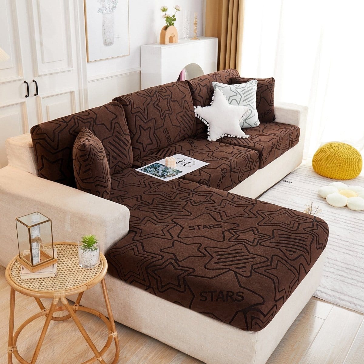 Marron - Housse polaire pour Coussin d'assise et dossier de Canapé - Motif Star La Maison des Housses