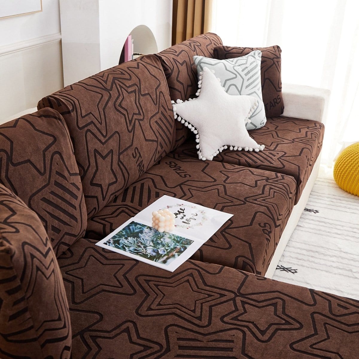 Marron - Housse polaire pour Coussin d'assise et dossier de Canapé - Motif Star La Maison des Housses