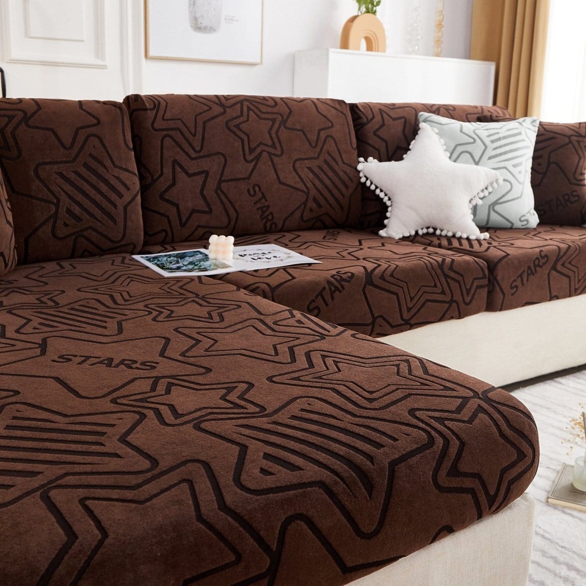 Marron - Housse polaire pour Coussin d'assise et dossier de Canapé - Motif Star La Maison des Housses