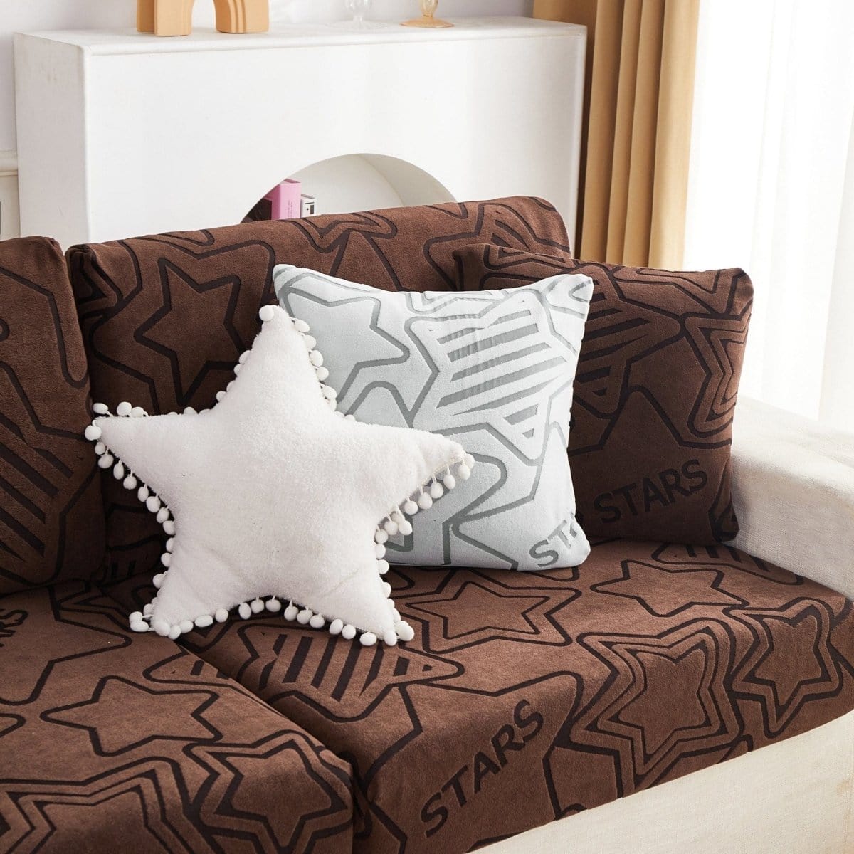 Marron - Housse polaire pour Coussin d'assise et dossier de Canapé - Motif Star La Maison des Housses