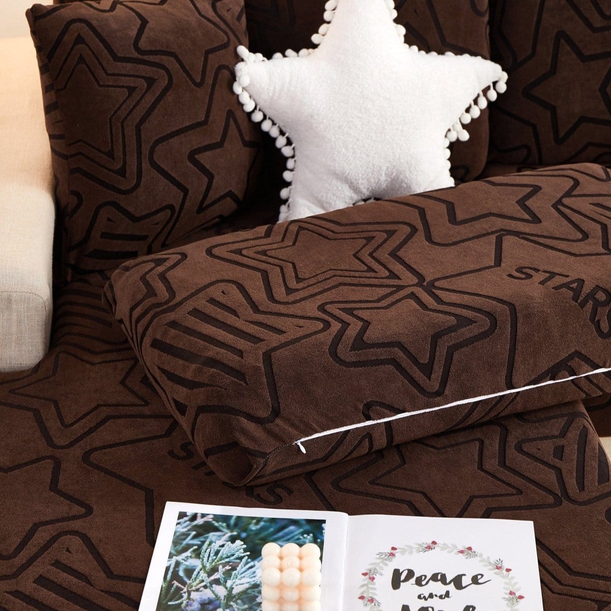 Marron - Housse polaire pour Coussin d'assise et dossier de Canapé - Motif Star La Maison des Housses