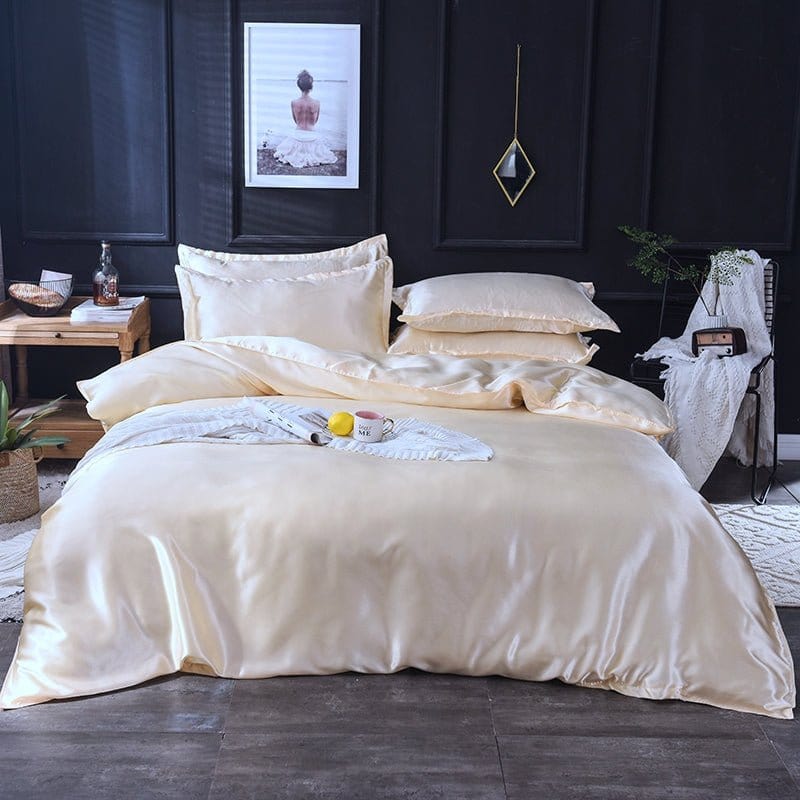 Parure de lit Beige clair type satin - Drap housse / Housse de couette / 2 taies d'oreiller La Maison des Housses
