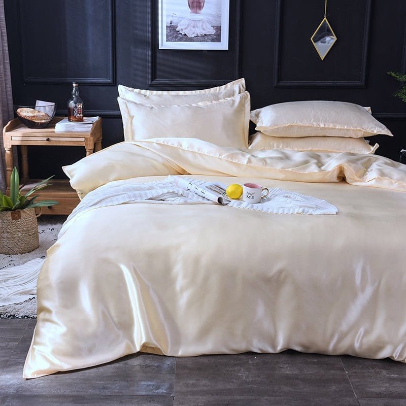 Parure de lit Beige clair type satin - Drap housse / Housse de couette / 2 taies d'oreiller La Maison des Housses