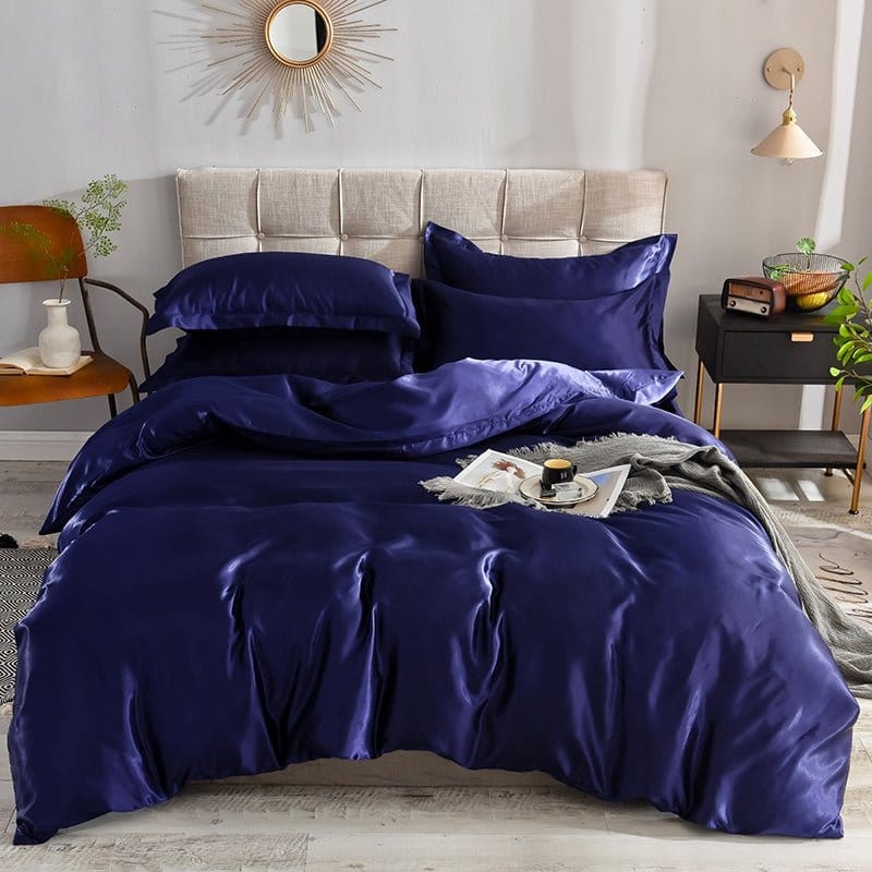 Parure de lit Bleu foncé type satin - Drap housse / Housse de couette / 2 taies d'oreiller La Maison des Housses