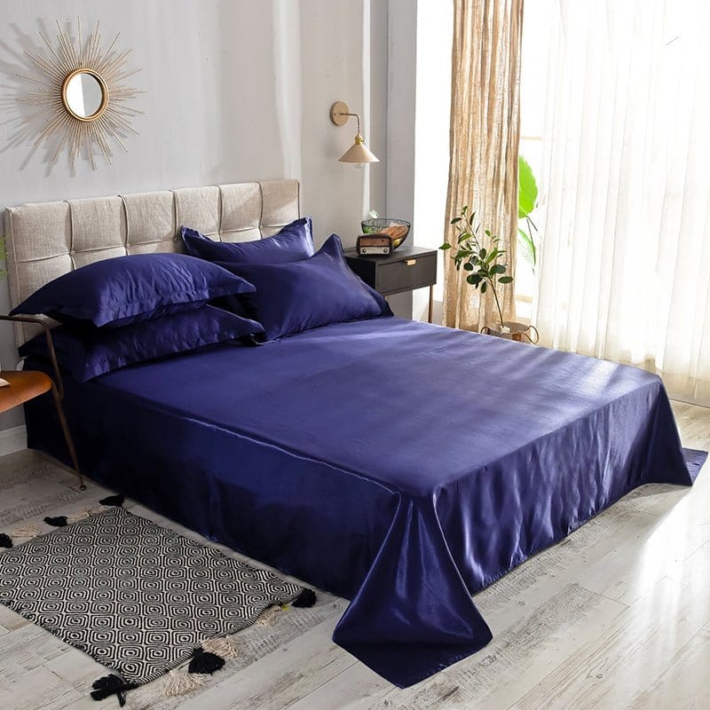 Parure de lit Bleu foncé type satin - Drap housse / Housse de couette / 2 taies d'oreiller La Maison des Housses