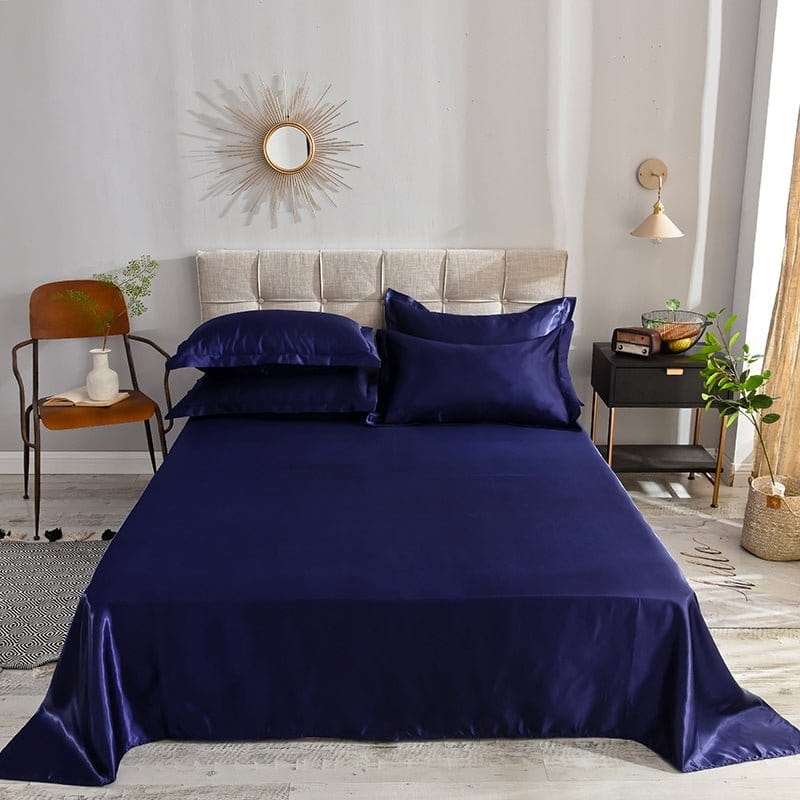 Parure de lit Bleu foncé type satin - Drap housse / Housse de couette / 2 taies d'oreiller La Maison des Housses