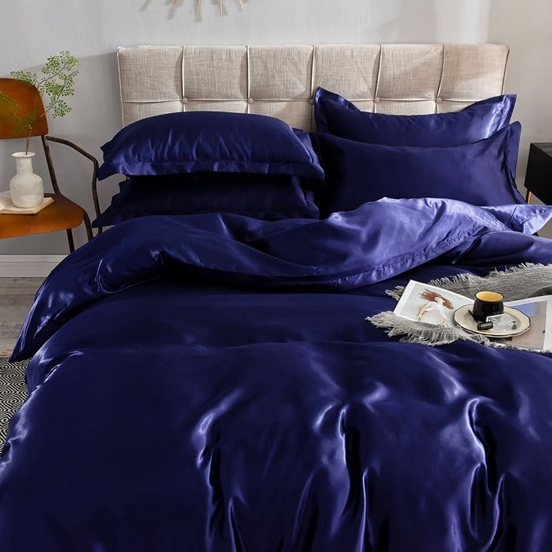 Parure de lit Bleu foncé type satin - Drap housse / Housse de couette / 2 taies d'oreiller La Maison des Housses