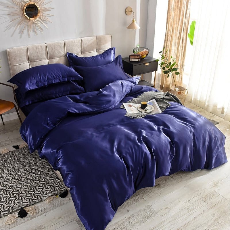 Parure de lit Bleu foncé type satin - Drap housse / Housse de couette / 2 taies d'oreiller La Maison des Housses