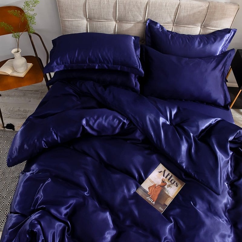 Parure de lit Bleu foncé type satin - Drap housse / Housse de couette / 2 taies d'oreiller La Maison des Housses