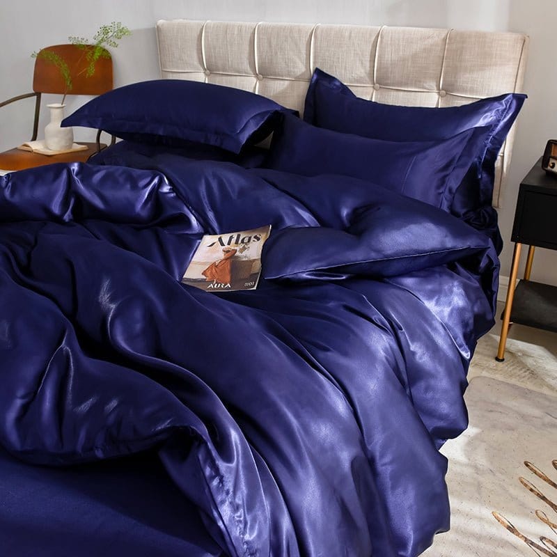 Parure de lit Bleu foncé type satin - Drap housse / Housse de couette / 2 taies d'oreiller La Maison des Housses