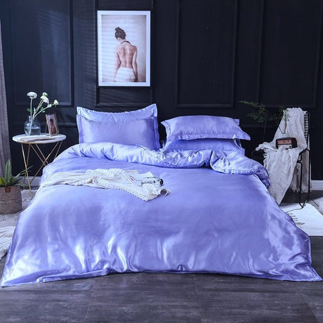 Parure de lit Bleu lavande type satin - Drap housse / Housse de couette / 2 taies d'oreiller La Maison des Housses