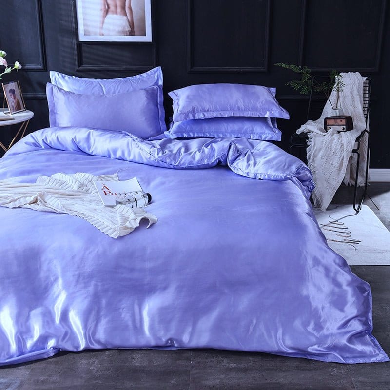 Parure de lit Bleu lavande type satin - Drap housse / Housse de couette / 2 taies d'oreiller La Maison des Housses