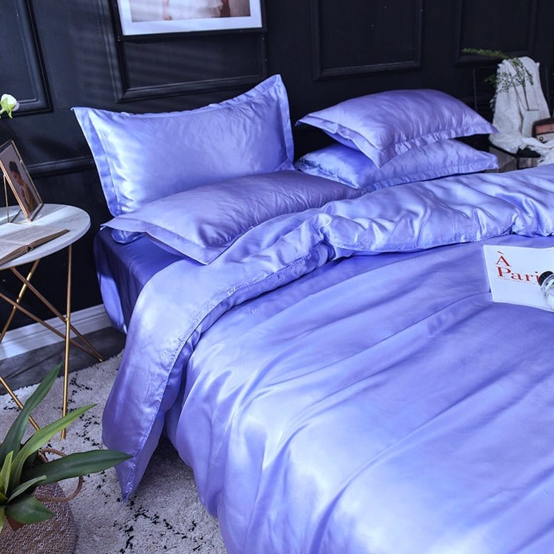 Parure de lit Bleu lavande type satin - Drap housse / Housse de couette / 2 taies d'oreiller La Maison des Housses