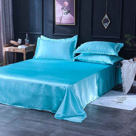 Parure de lit Bleu turquoise type satin - Drap housse / Housse de couette / 2 taies d'oreiller La Maison des Housses