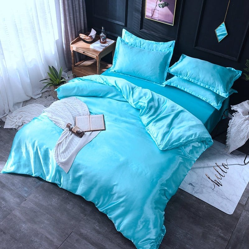 Parure de lit Bleu turquoise type satin - Drap housse / Housse de couette / 2 taies d'oreiller La Maison des Housses