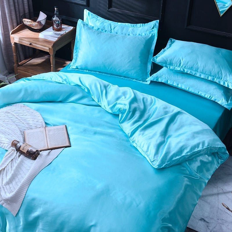 Parure de lit Bleu turquoise type satin - Drap housse / Housse de couette / 2 taies d'oreiller La Maison des Housses