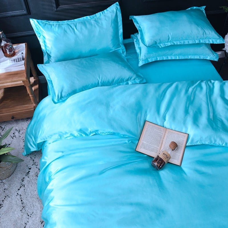 Parure de lit Bleu turquoise type satin - Drap housse / Housse de couette / 2 taies d'oreiller La Maison des Housses