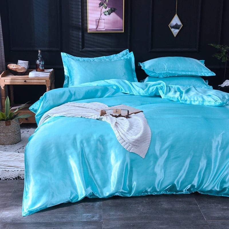 Parure de lit Bleu turquoise type satin - Drap housse / Housse de couette / 2 taies d'oreiller La Maison des Housses