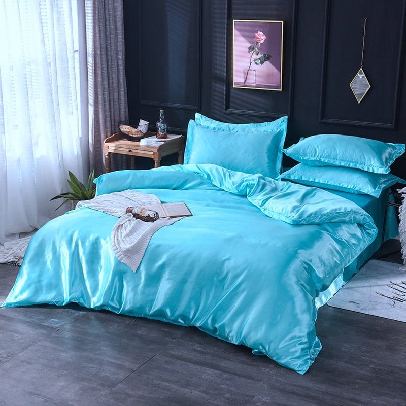 Parure de lit Bleu turquoise type satin - Drap housse / Housse de couette / 2 taies d'oreiller La Maison des Housses
