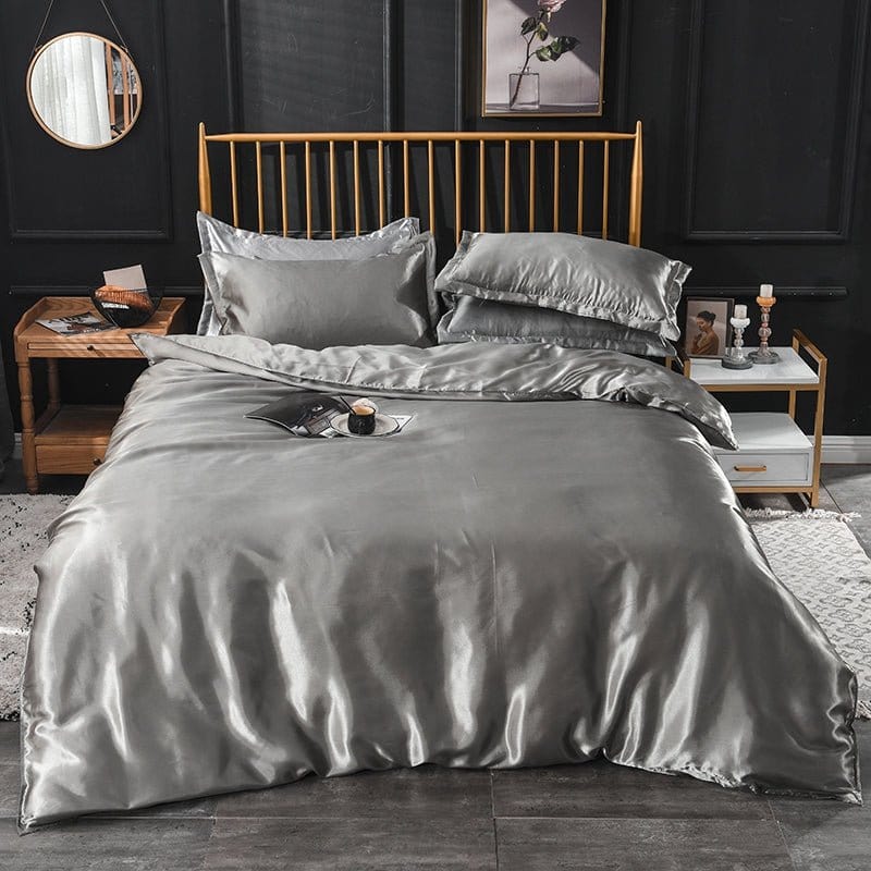 Parure de lit Gris type satin - Drap housse / Housse de couette / 2 taies d'oreiller La Maison des Housses