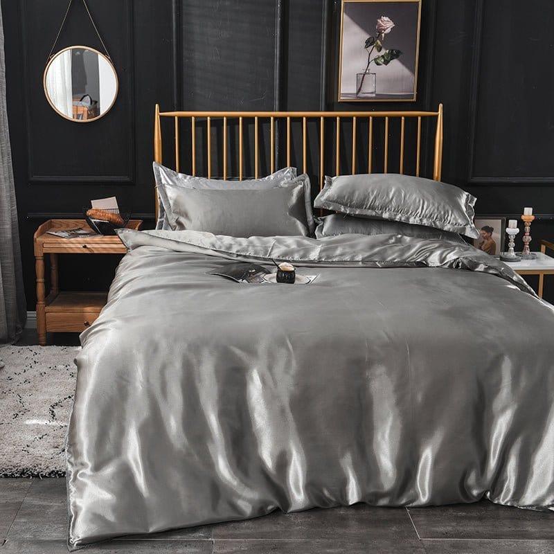 Parure de lit Gris type satin - Drap housse / Housse de couette / 2 taies d'oreiller La Maison des Housses