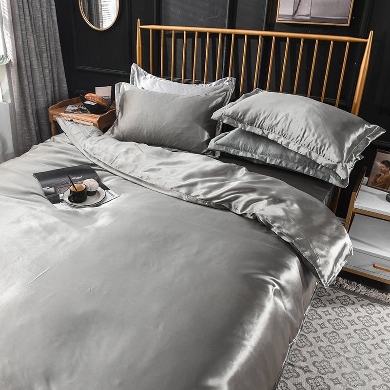 Parure de lit Gris type satin - Drap housse / Housse de couette / 2 taies d'oreiller La Maison des Housses