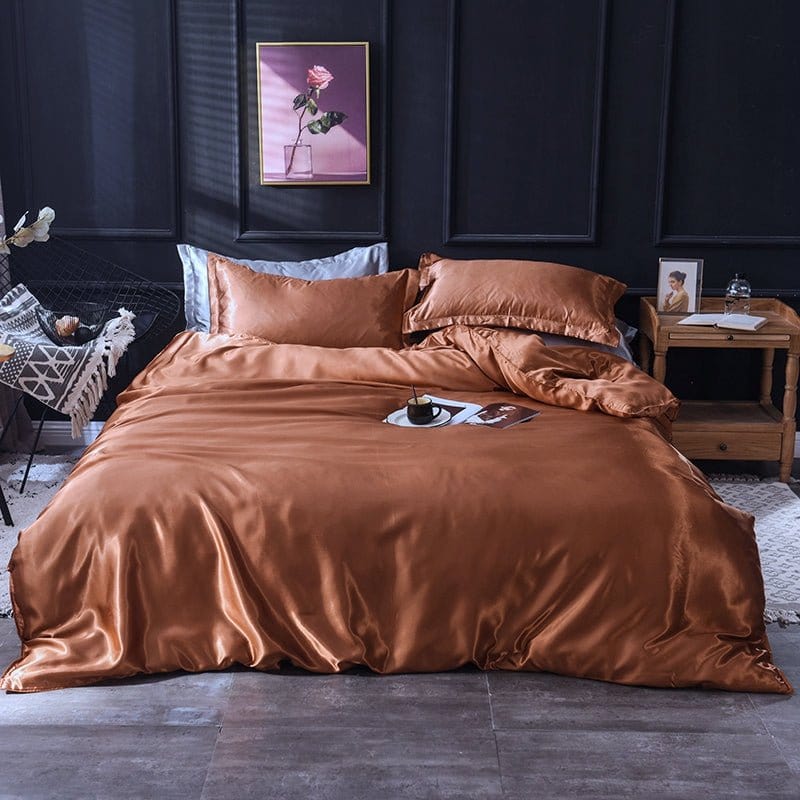 Parure de lit Marron type satin - Drap housse / Housse de couette / 2 taies d'oreiller La Maison des Housses