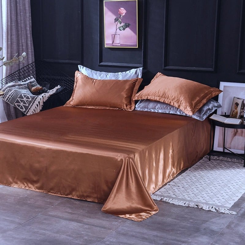Parure de lit Marron type satin - Drap housse / Housse de couette / 2 taies d'oreiller La Maison des Housses