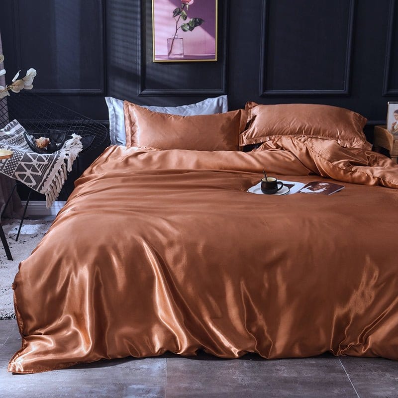 Parure de lit Marron type satin - Drap housse / Housse de couette / 2 taies d'oreiller La Maison des Housses