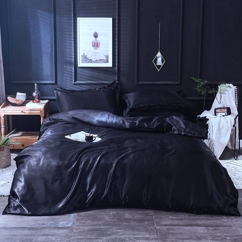 Parure de lit Noir type satin - Drap housse / Housse de couette / 2 taies d'oreiller La Maison des Housses
