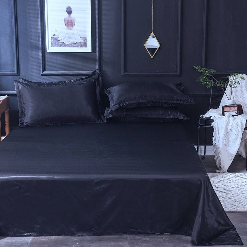 Parure de lit Noir type satin - Drap housse / Housse de couette / 2 taies d'oreiller La Maison des Housses