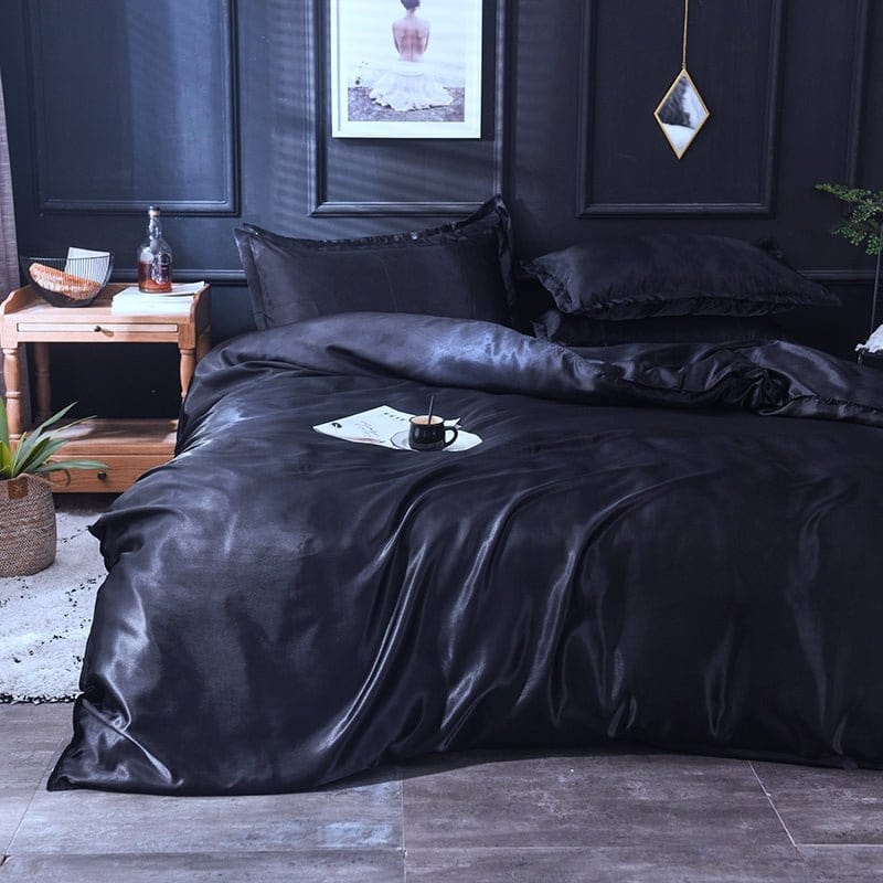 Parure de lit Noir type satin - Drap housse / Housse de couette / 2 taies d'oreiller La Maison des Housses