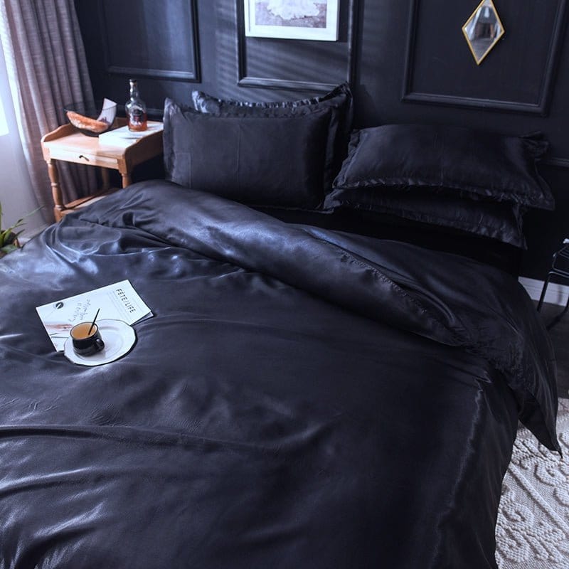 Parure de lit Noir type satin - Drap housse / Housse de couette / 2 taies d'oreiller La Maison des Housses
