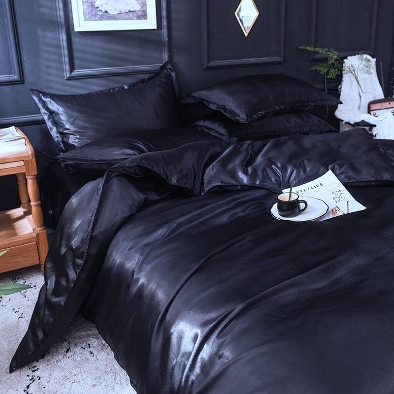Parure de lit Noir type satin - Drap housse / Housse de couette / 2 taies d'oreiller La Maison des Housses