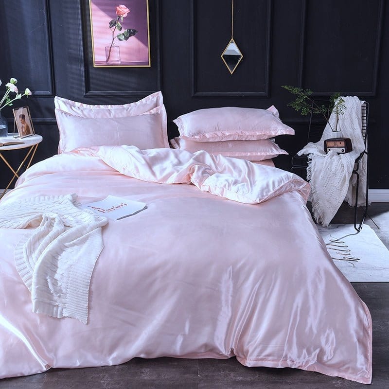 Parure de lit Rose clair type satin - Drap housse / Housse de couette / 2 taies d'oreiller La Maison des Housses