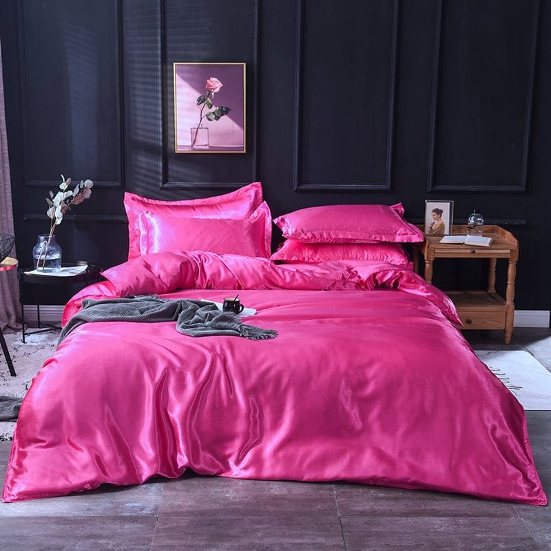 Parure de lit Rose fushia type satin - Drap housse / Housse de couette / 2 taies d'oreiller La Maison des Housses