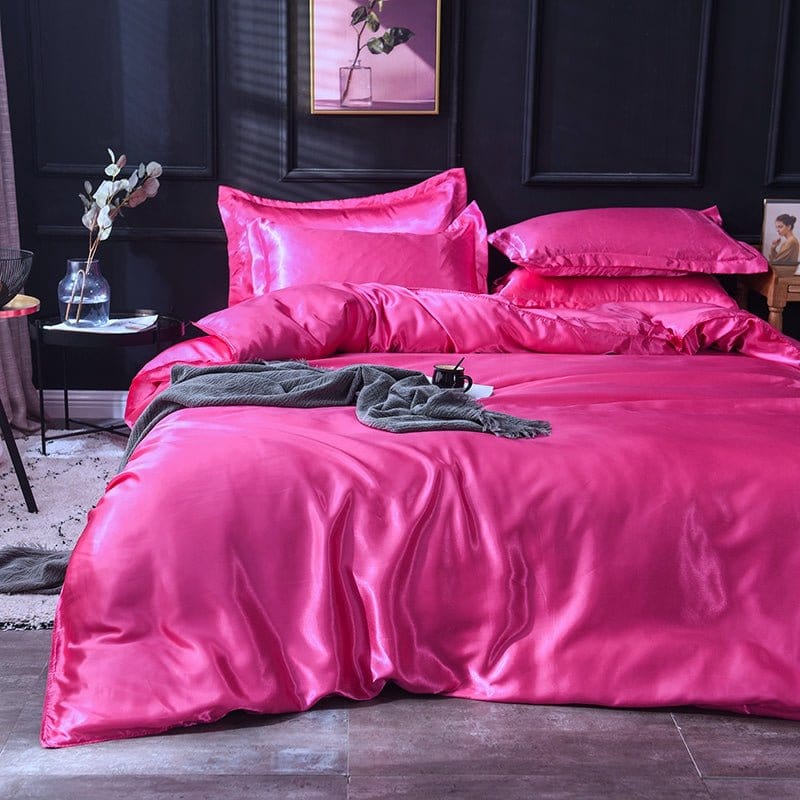 Parure de lit Rose fushia type satin - Drap housse / Housse de couette / 2 taies d'oreiller La Maison des Housses