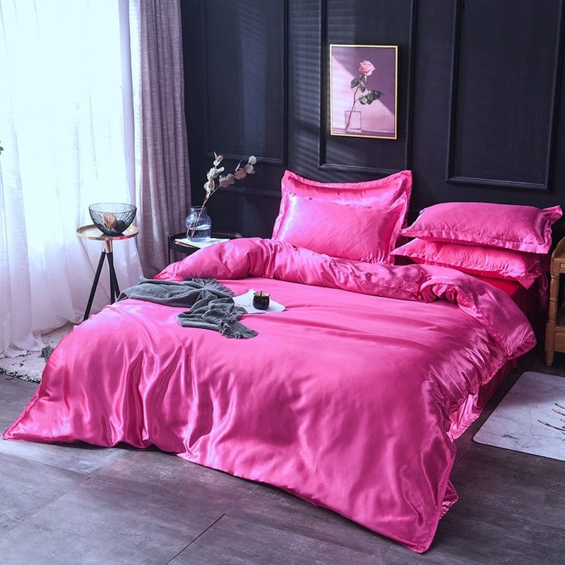 Parure de lit Rose fushia type satin - Drap housse / Housse de couette / 2 taies d'oreiller La Maison des Housses