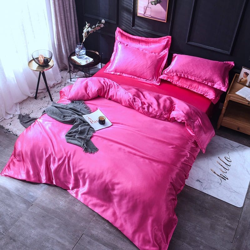 Parure de lit Rose fushia type satin - Drap housse / Housse de couette / 2 taies d'oreiller La Maison des Housses