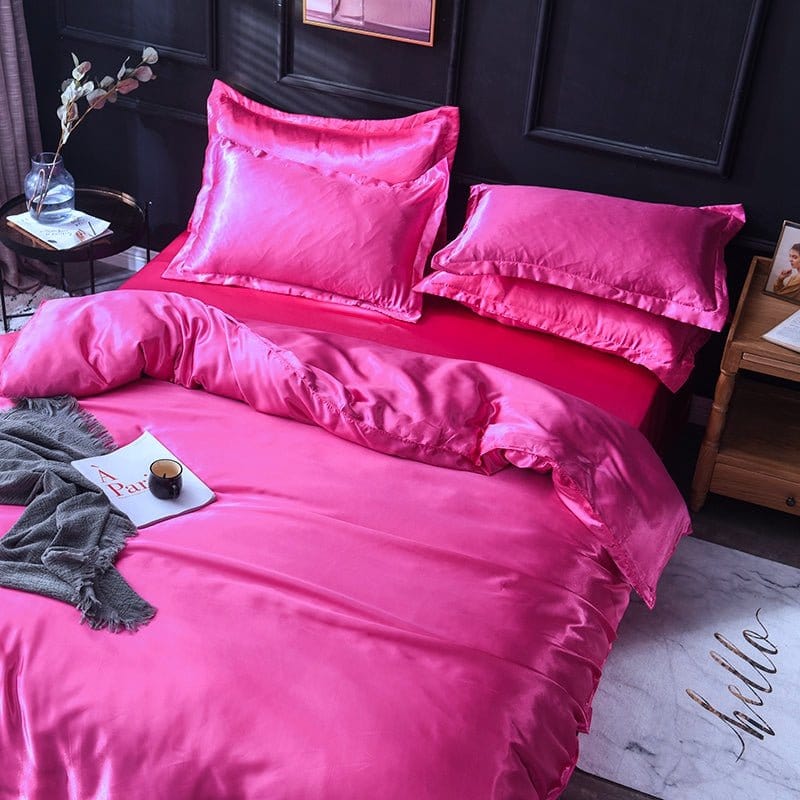 Parure de lit Rose fushia type satin - Drap housse / Housse de couette / 2 taies d'oreiller La Maison des Housses