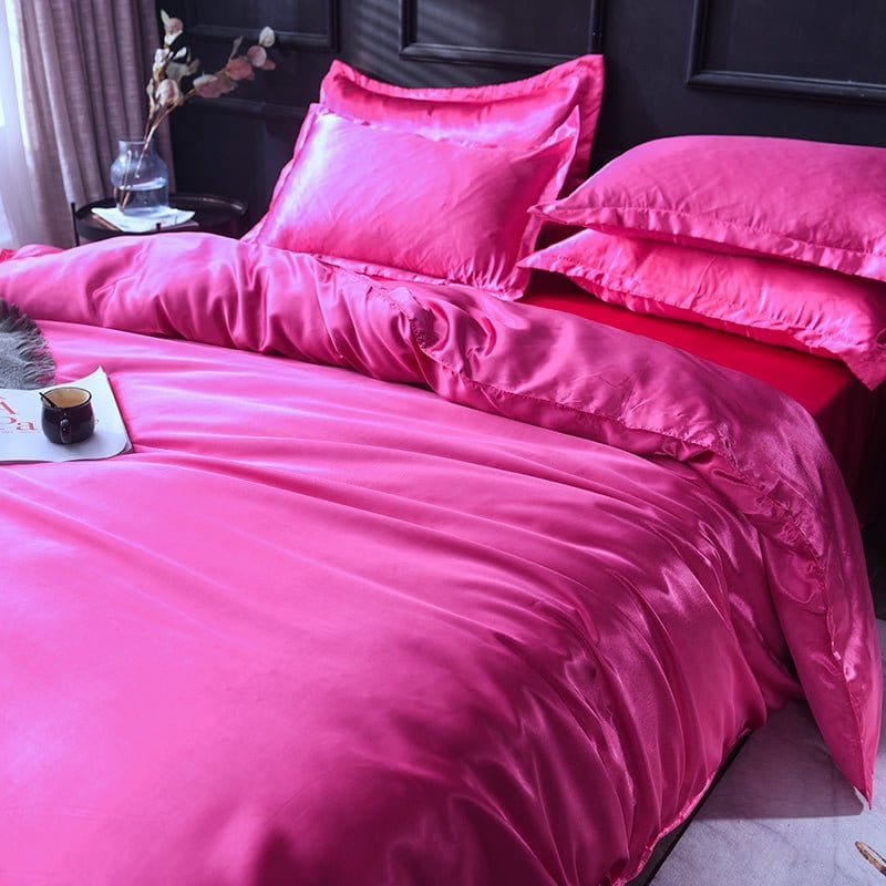 Parure de lit Rose fushia type satin - Drap housse / Housse de couette / 2 taies d'oreiller La Maison des Housses