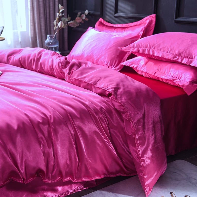 Parure de lit Rose fushia type satin - Drap housse / Housse de couette / 2 taies d'oreiller La Maison des Housses