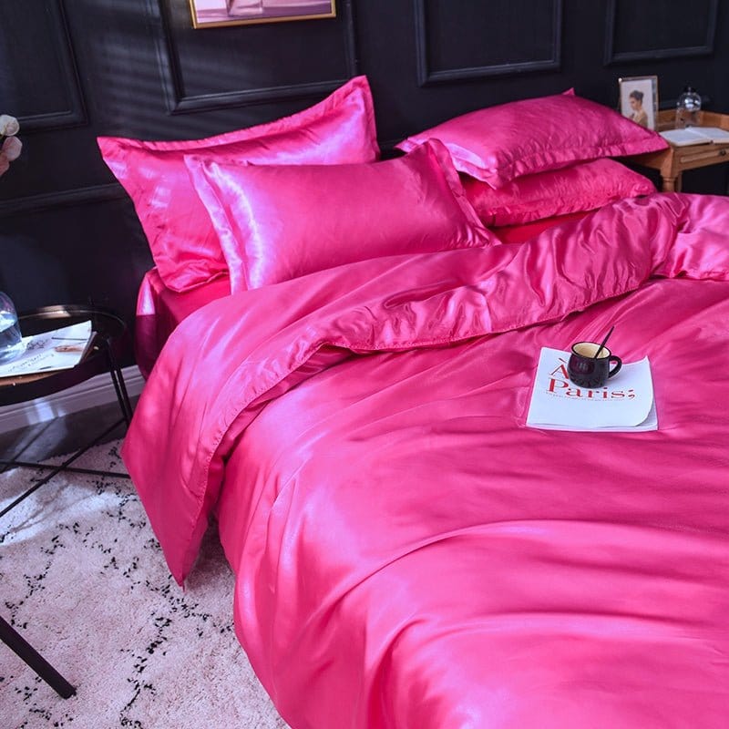 Parure de lit Rose fushia type satin - Drap housse / Housse de couette / 2 taies d'oreiller La Maison des Housses